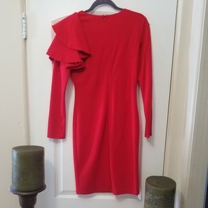 Red Midi Dress with Ruffled Shoulder